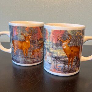 Two Vtg FRIENDS OF THE WETLANDS  Deer, Fawn, Doe & Buck, Woodland Ceramic Mugs